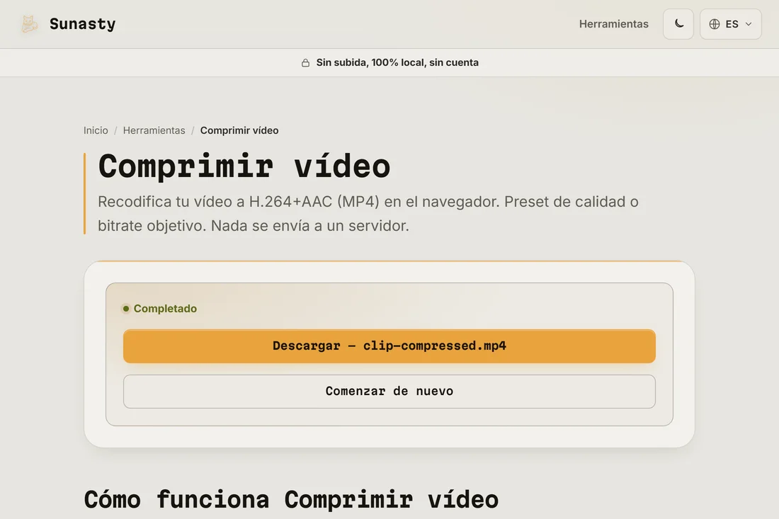 El video comprimido listo para descargar, lo bastante ligero para enviarlo por WhatsApp
