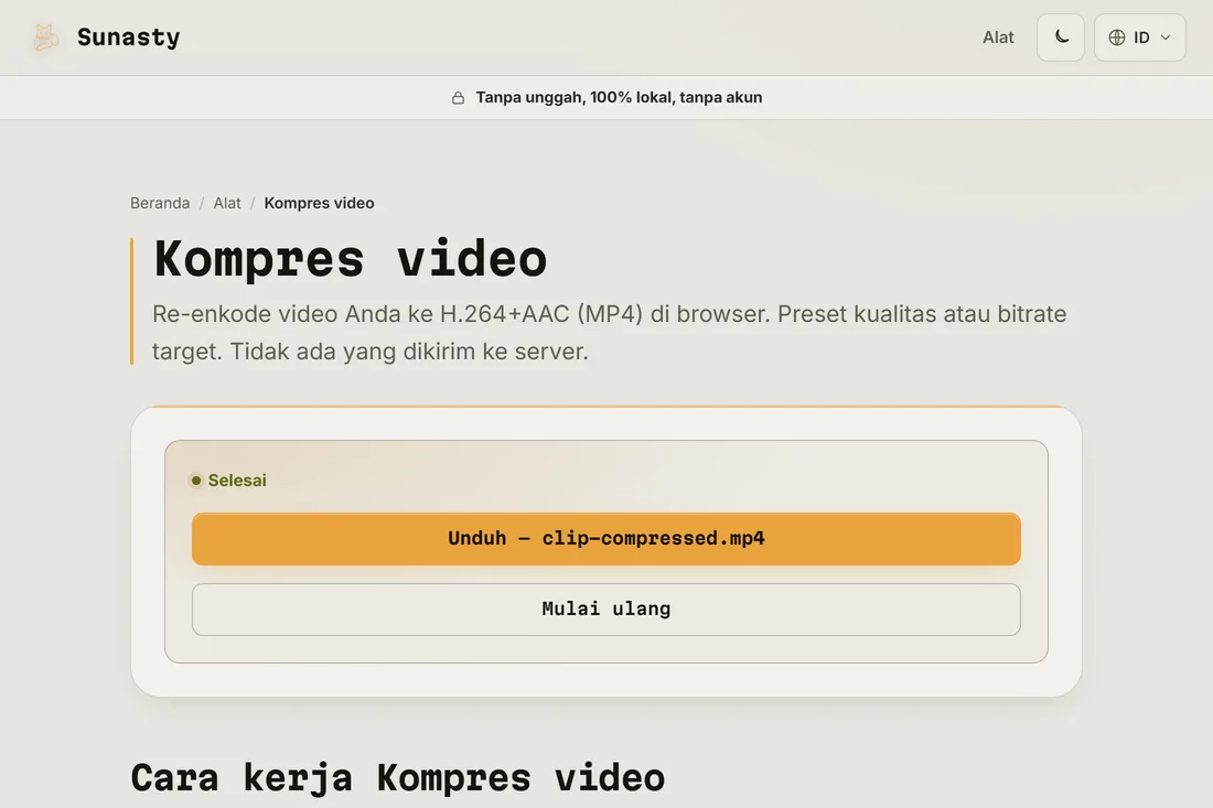 Video terkompresi siap diunduh, cukup kecil untuk dikirim di WhatsApp