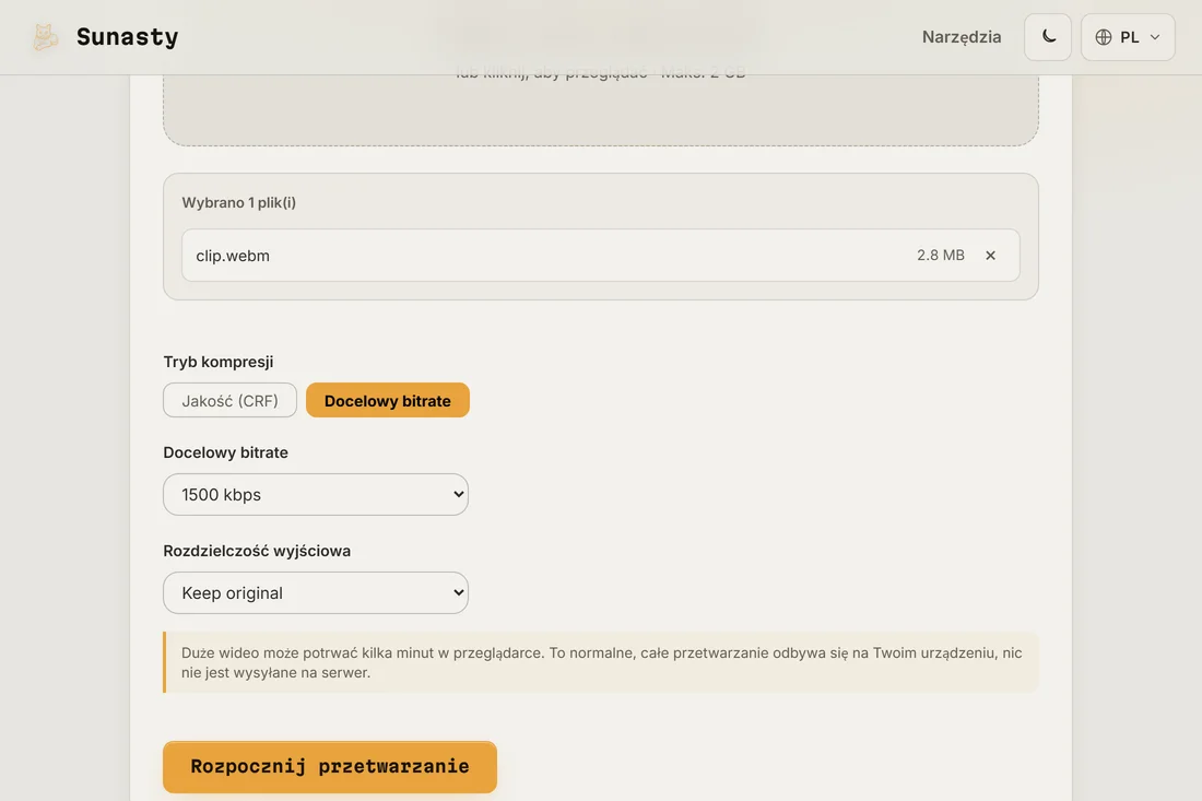 Kompresor wideo w trybie docelowego bitrate'u z wczytanym klipem
