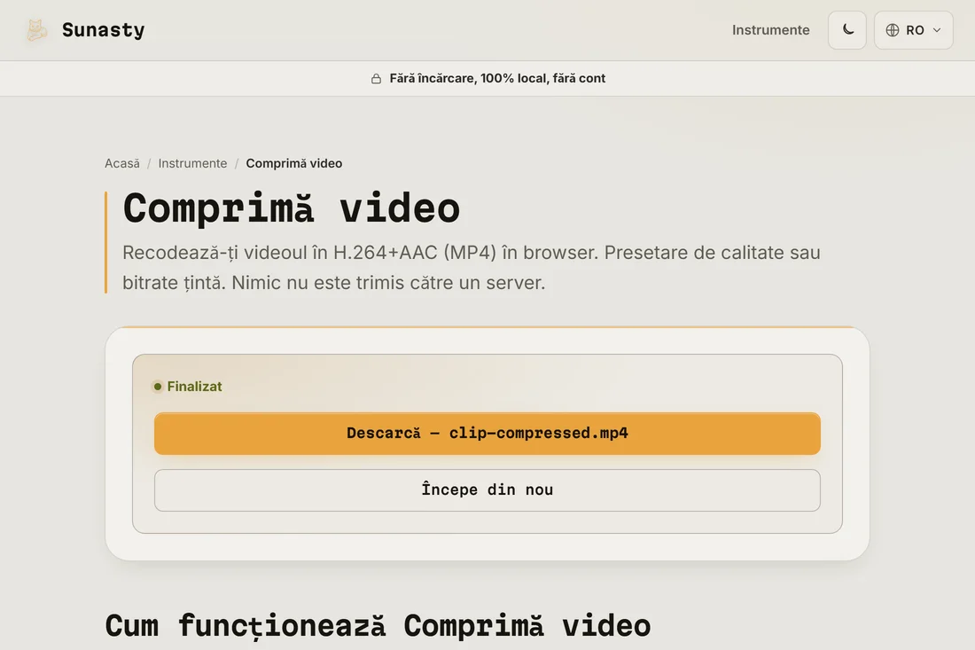 Videoclipul comprimat, gata de descărcat, suficient de mic pentru a fi trimis pe WhatsApp