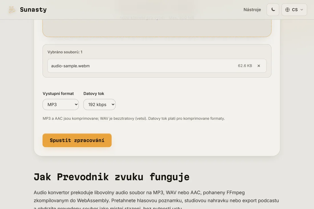 Převodník zvuku s načteným souborem WAV a MP3 vybraným jako výstupní formát