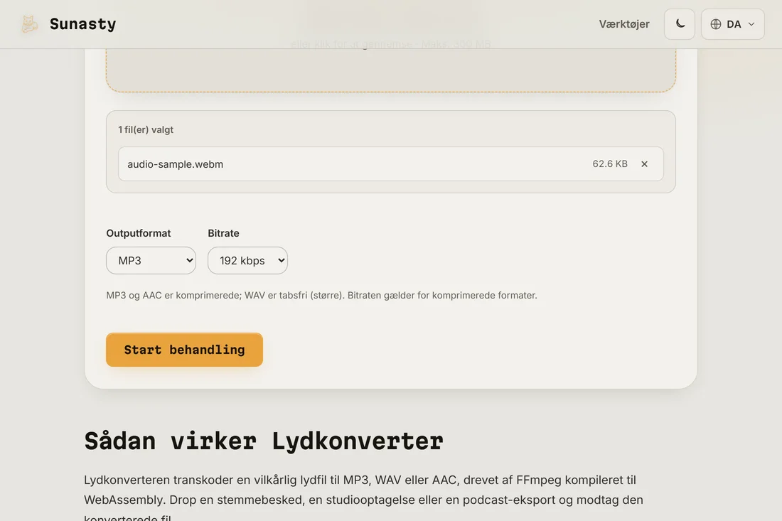 Lydkonverteren med en WAV-fil indlæst og MP3 valgt som outputformat