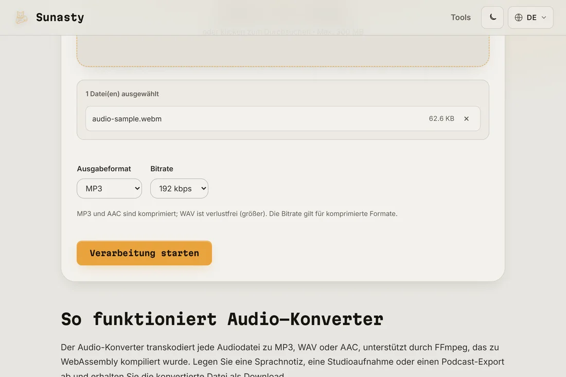 Der Audio-Konverter mit geladener WAV-Datei und MP3 als gewähltem Ausgabeformat