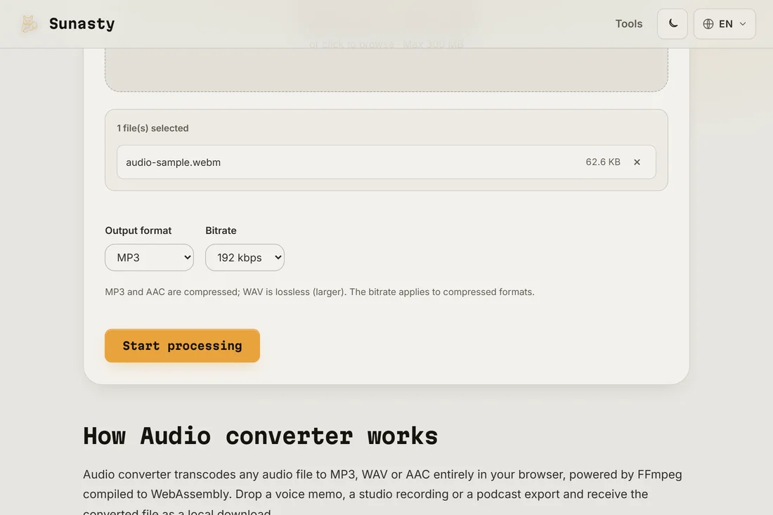 The audio converter with a WAV file loaded and MP3 selected as the output format