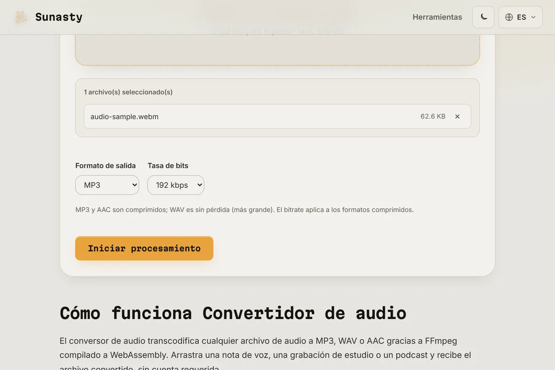 El conversor de audio con un archivo WAV cargado y MP3 seleccionado como formato de salida