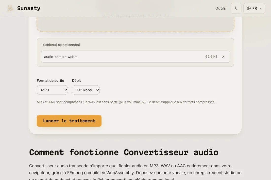 Le convertisseur audio avec un fichier WAV charge et MP3 selectionne comme format de sortie