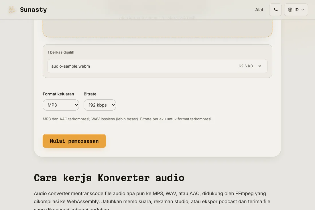 Konverter audio dengan berkas WAV dimuat dan MP3 dipilih sebagai format keluaran