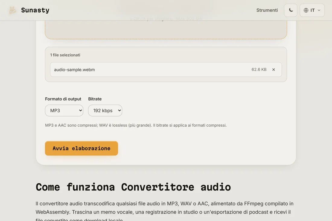 Il convertitore audio con un file WAV caricato e MP3 selezionato come formato di uscita