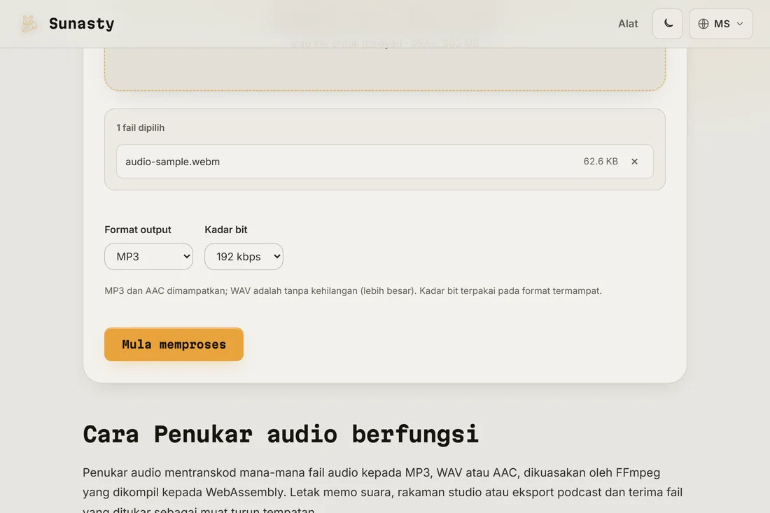Penukar audio dengan fail WAV dimuatkan dan MP3 dipilih sebagai format output