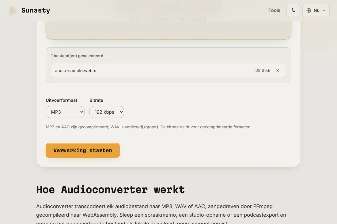 De audioconverter met een WAV-bestand geladen en MP3 geselecteerd als uitvoerformaat