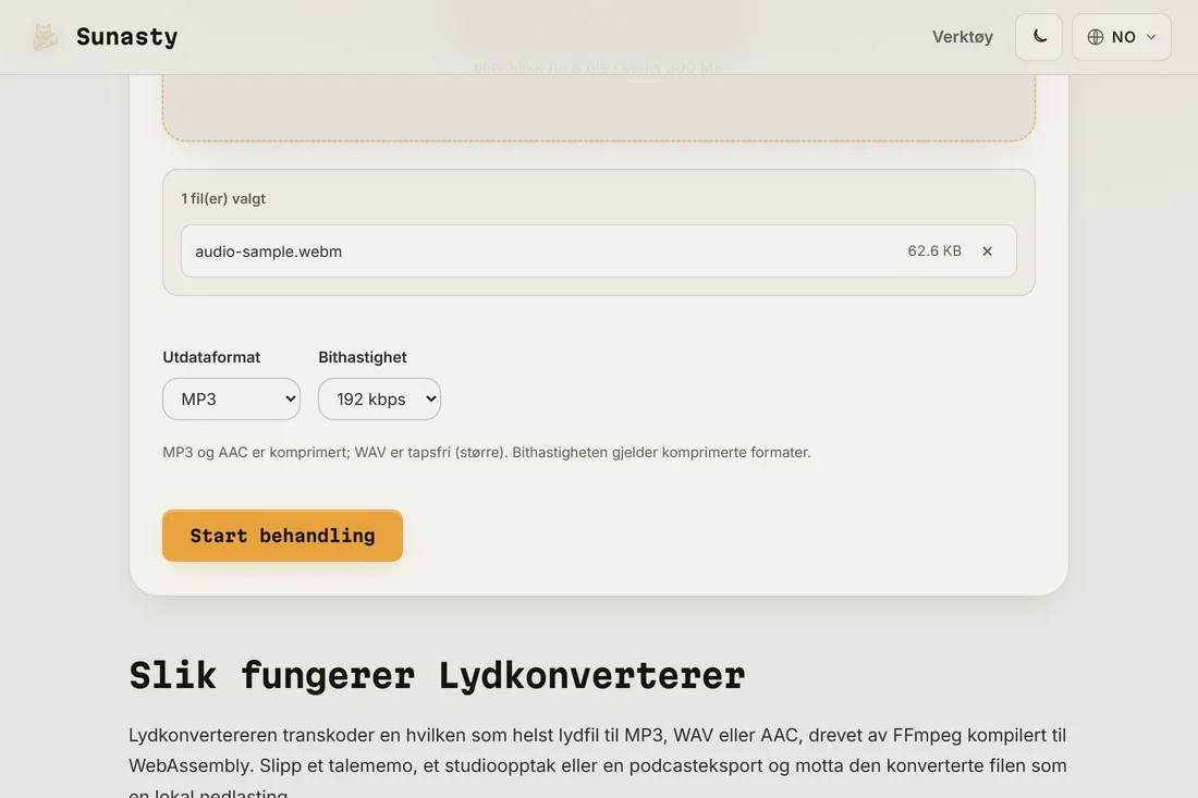 Lydkonverteren med en WAV-fil lastet inn og MP3 valgt som utdataformat