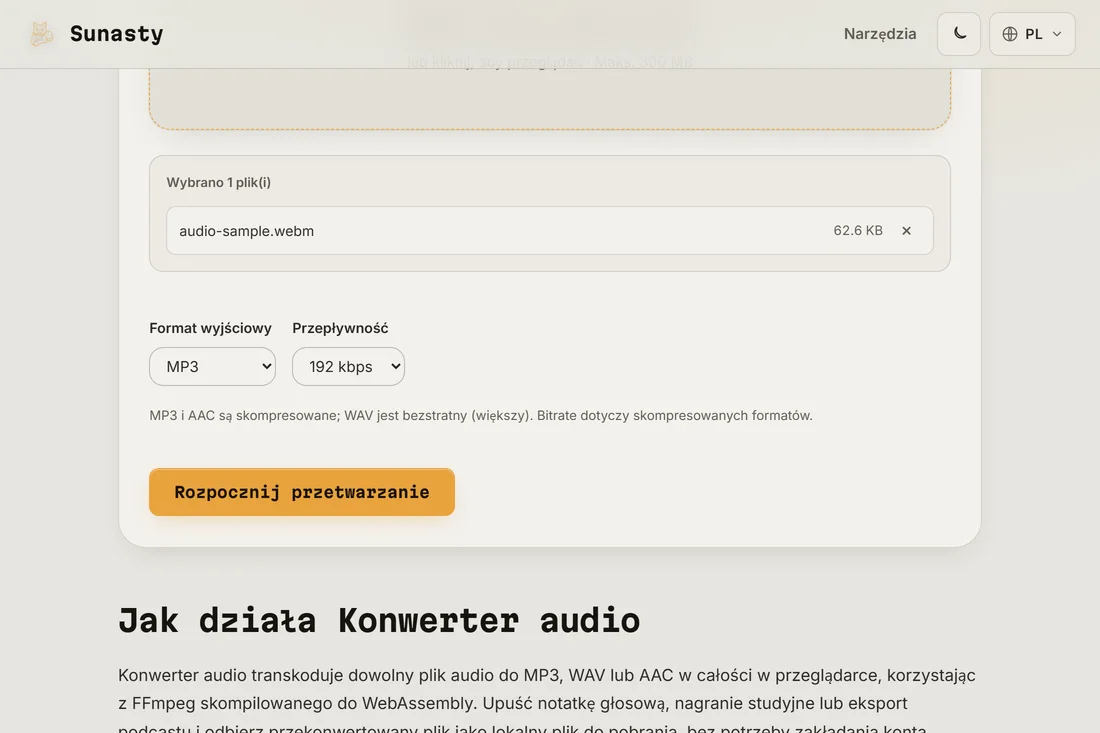 Konwerter audio z wczytanym plikiem WAV i wybranym MP3 jako formatem wyjściowym