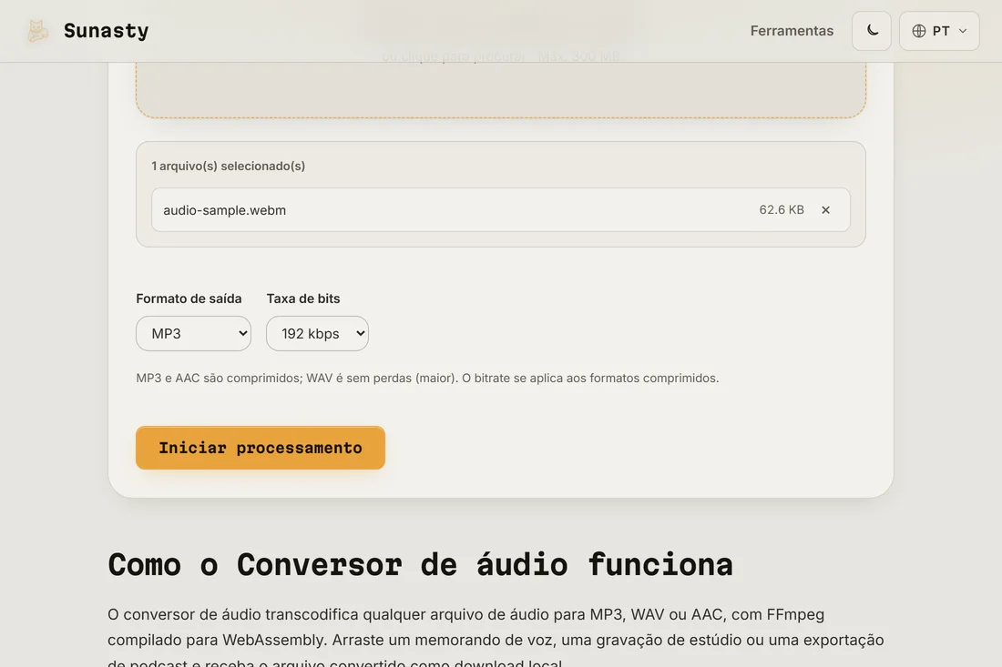 O conversor de áudio com um arquivo WAV carregado e MP3 selecionado como formato de saída
