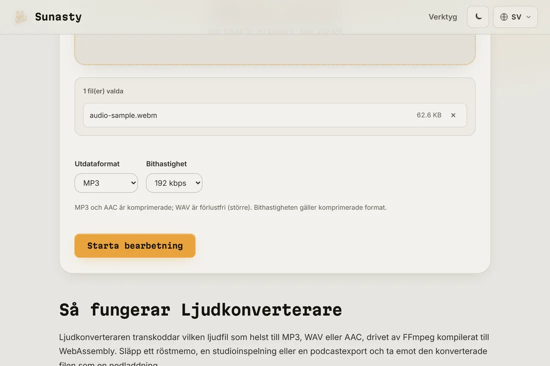 Ljudkonverteraren med en WAV-fil inläst och MP3 vald som utdataformat