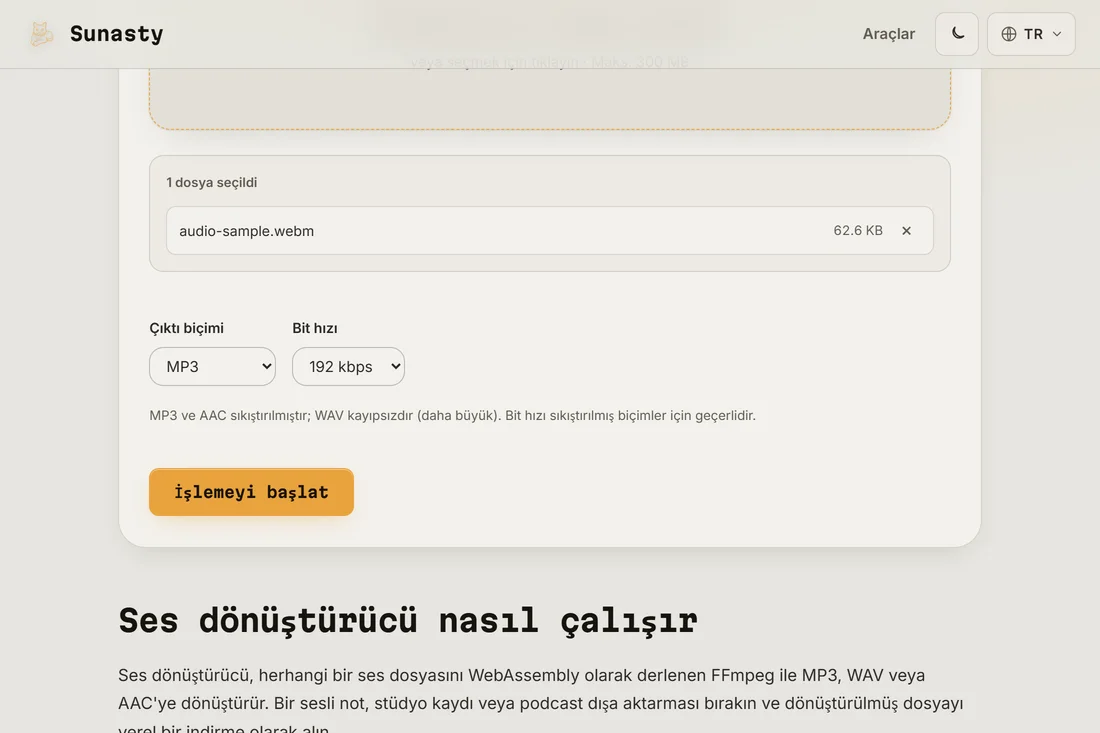 WAV dosyası yüklenmiş ve çıktı formatı olarak MP3 seçilmiş ses dönüştürücü