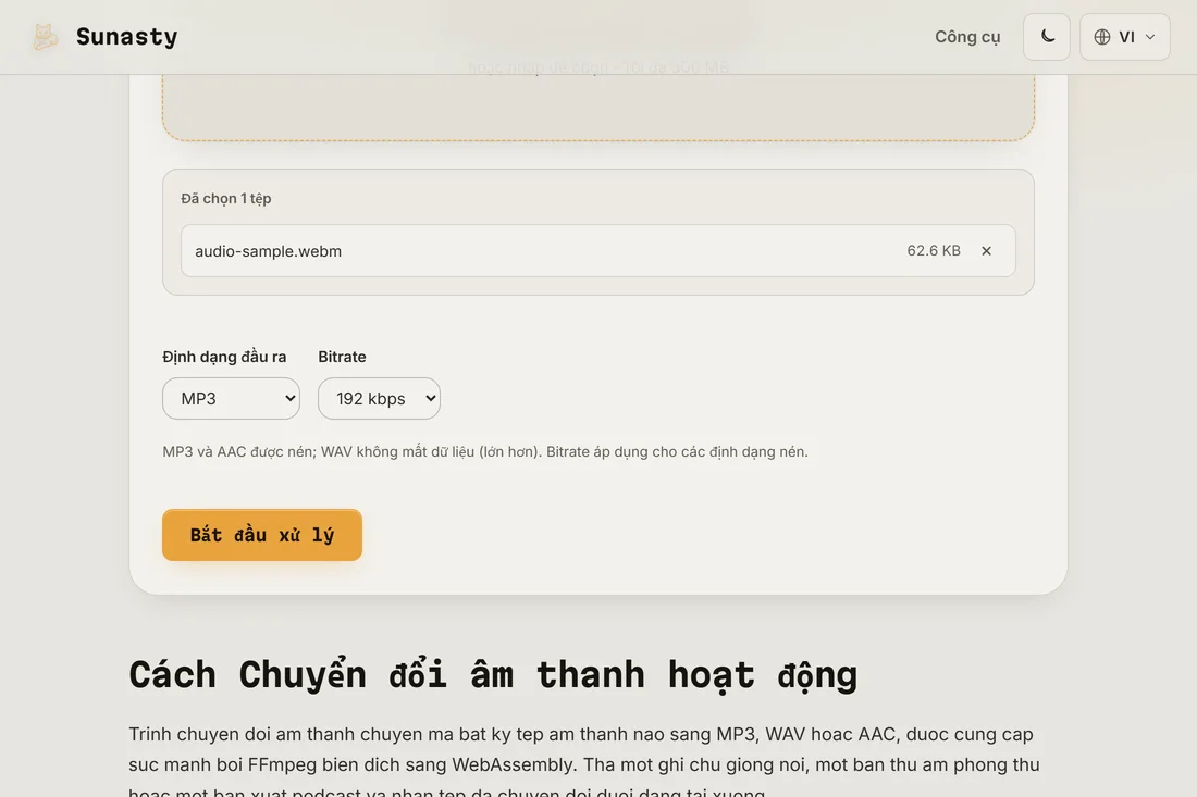 Trình chuyển đổi âm thanh với một tệp WAV đã nạp và MP3 được chọn làm định dạng đầu ra