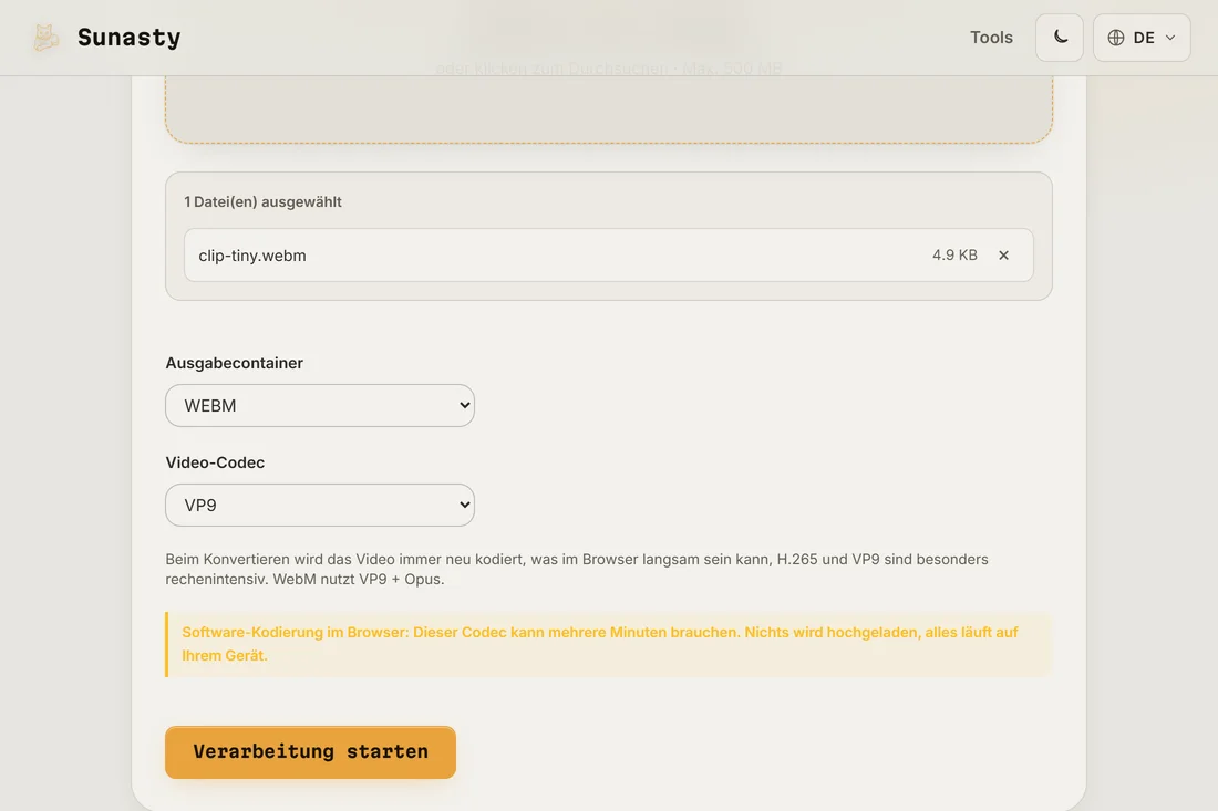 Der Video-Konverter mit geladenem MP4 und WebM samt VP9 als Ausgabeoptionen