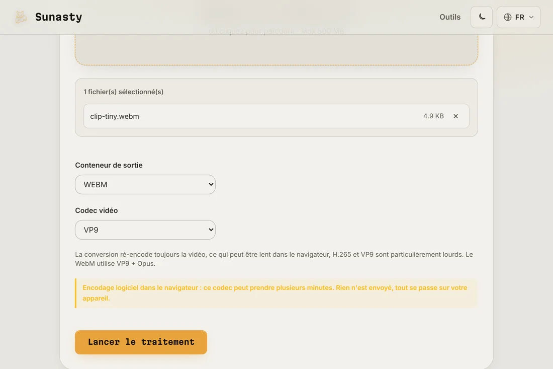Le convertisseur vidéo avec un MP4 chargé et WebM avec VP9 sélectionnés en sortie