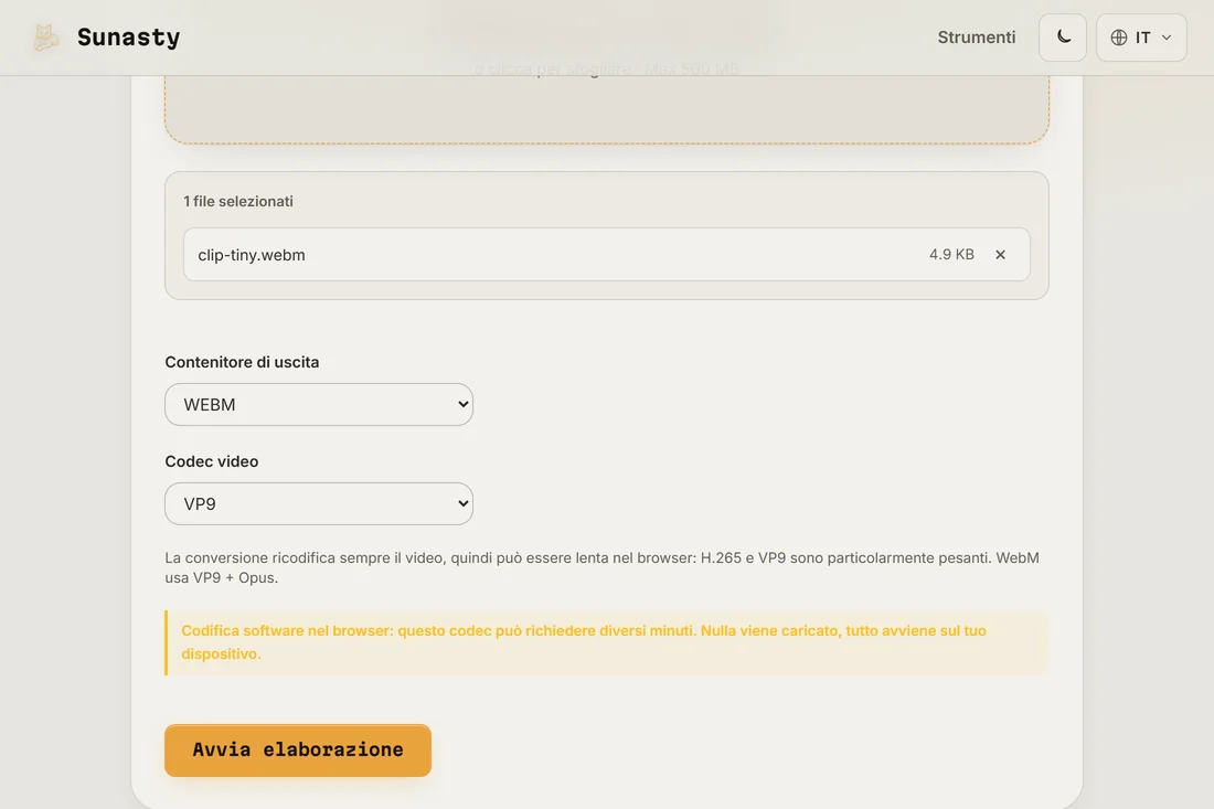 Il convertitore video con un MP4 caricato e WebM più VP9 selezionati come opzioni di uscita