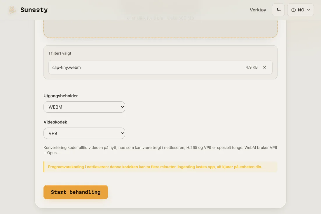 Videokonvertereren med en MP4 lastet inn og WebM pluss VP9 valgt som utdataalternativer