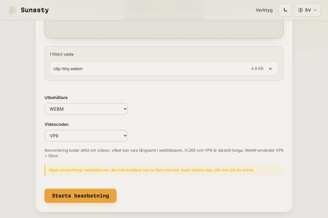 Videokonverteraren med en MP4 inläst och WebM samt VP9 valda som utdataalternativ