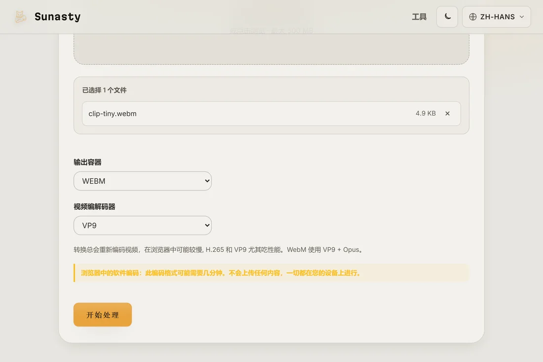 视频转换器中已载入一个 MP4，输出选项选择了 WebM 加 VP9
