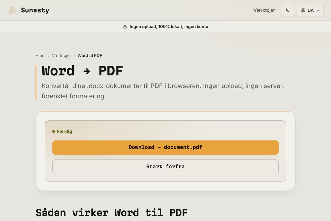 Den konverterede PDF klar til download, med filnavnet vist