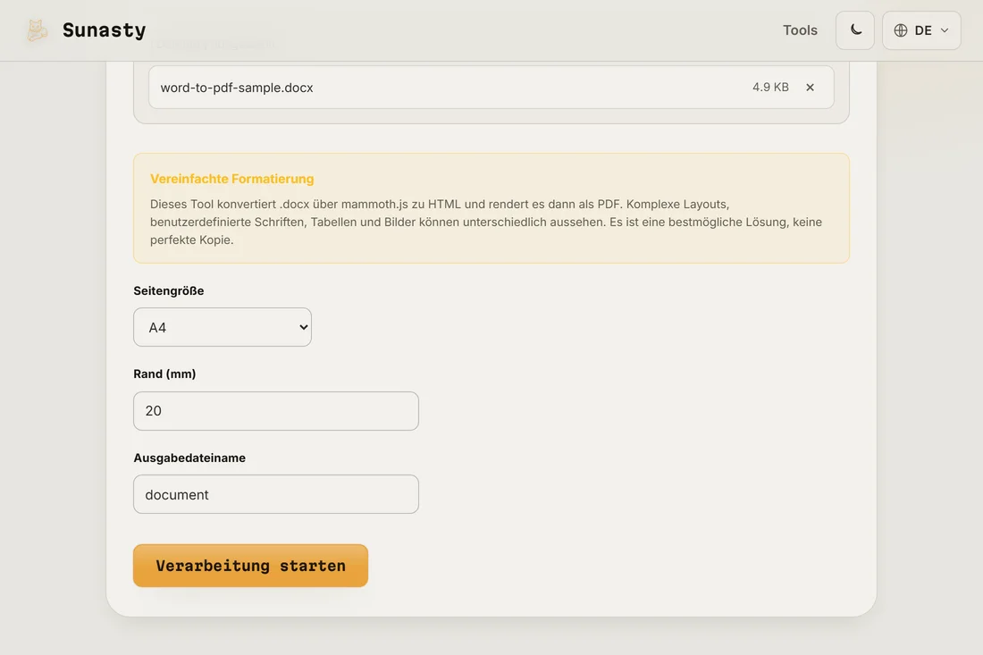 Das Werkzeug Word zu PDF mit geladenem .docx, das die Optionen für Seitengröße, Rand und Ausgabename zeigt