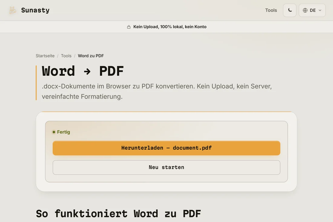 Das konvertierte PDF bereit zum Download, mit angezeigtem Dateinamen