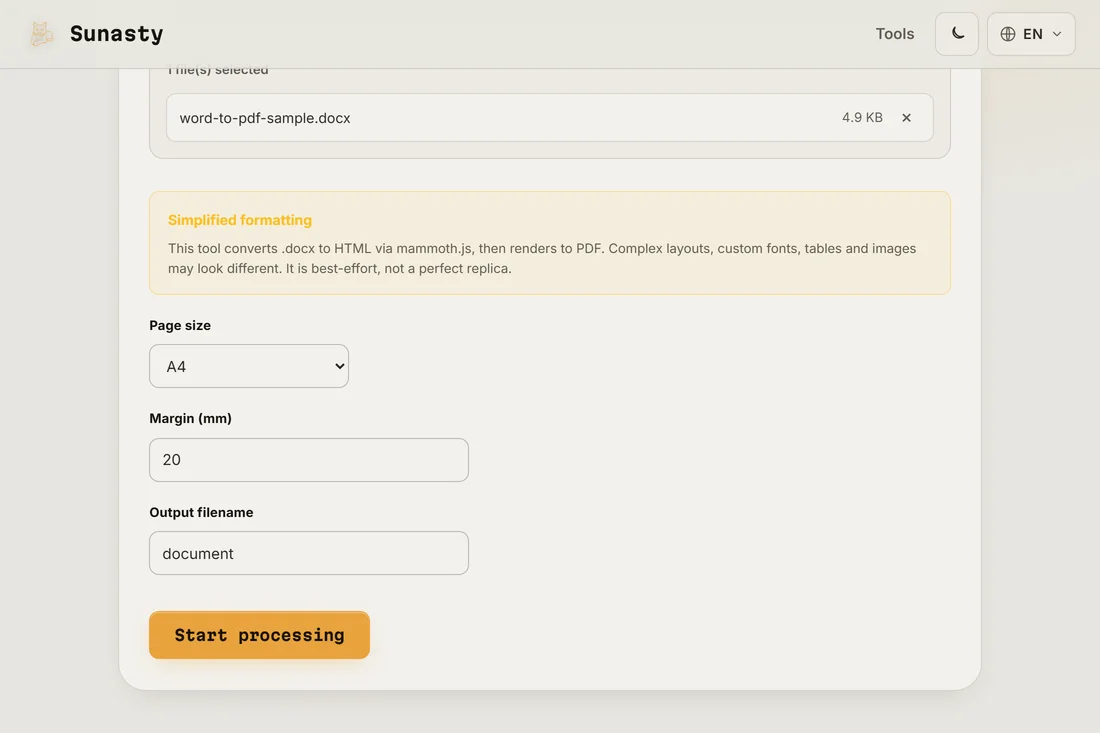 The Word to PDF tool with a .docx loaded, showing the page size, margin and output name options