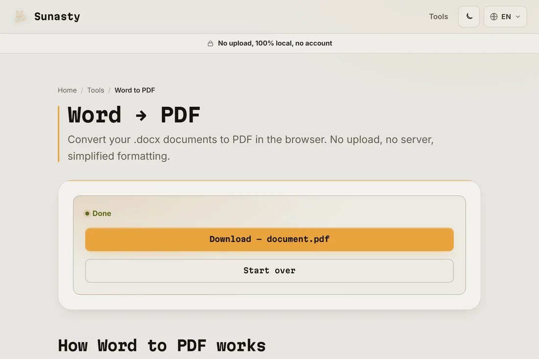 The converted PDF ready to download, with the file name shown