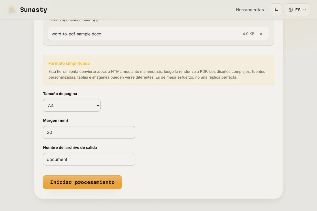 La herramienta de Word a PDF con un .docx cargado, mostrando las opciones de tamaño de página, margen y nombre de salida