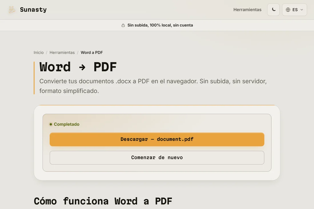 El PDF convertido listo para descargar, con el nombre del archivo mostrado