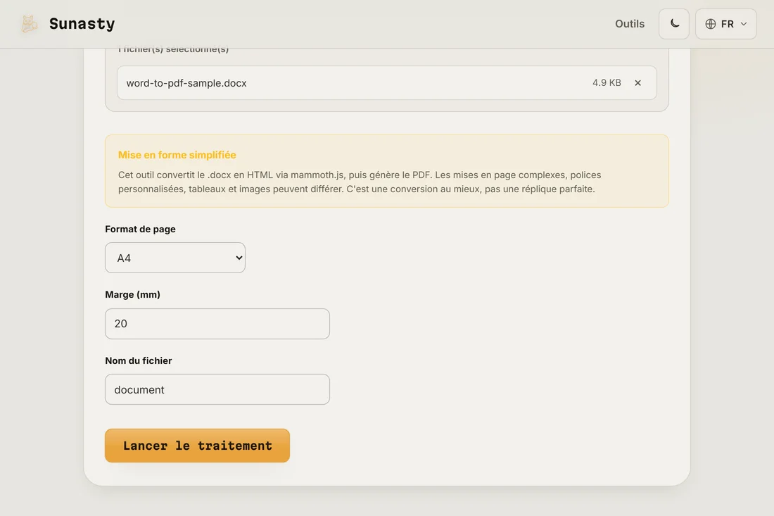 L'outil Word vers PDF avec un .docx chargé, montrant les options de format de page, de marge et de nom de sortie