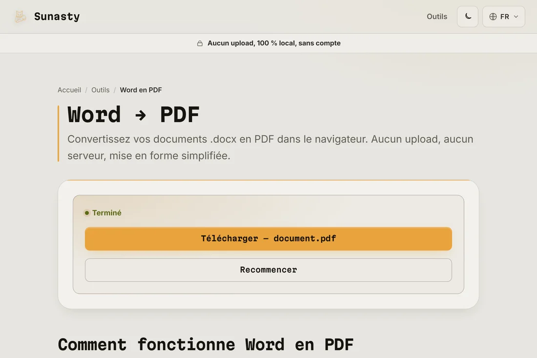 Le PDF converti prêt au téléchargement, avec le nom de fichier affiché