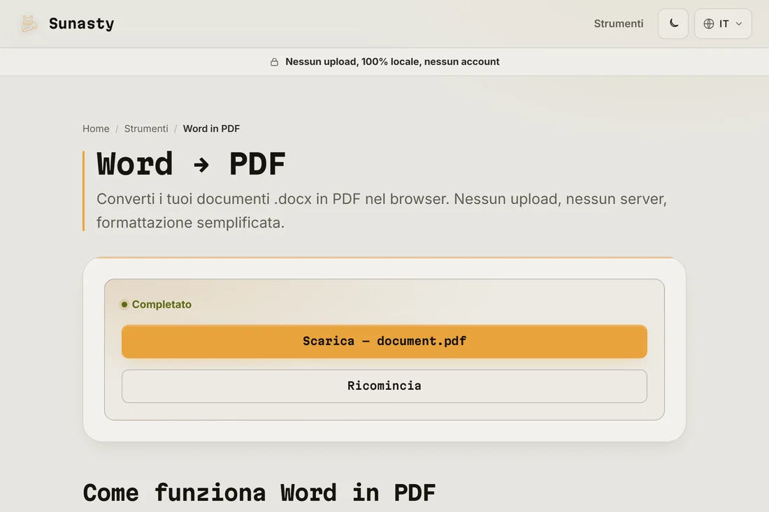 Il PDF convertito pronto per il download, con il nome del file mostrato