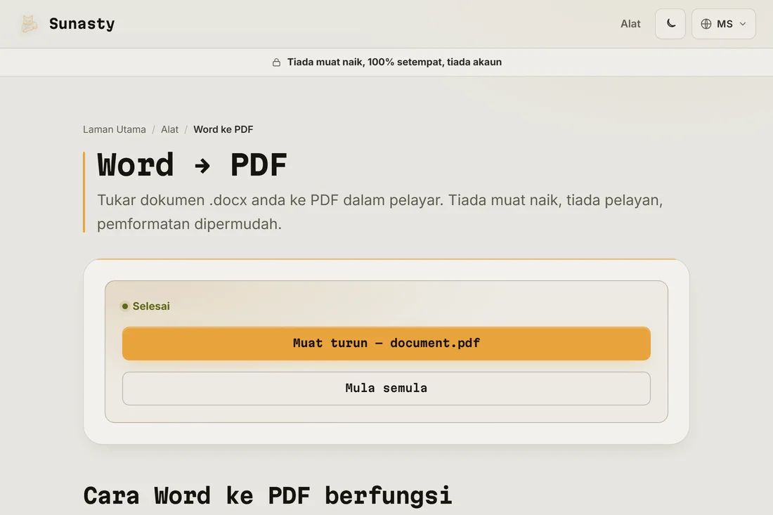 PDF yang ditukar sedia untuk dimuat turun, dengan nama fail dipaparkan