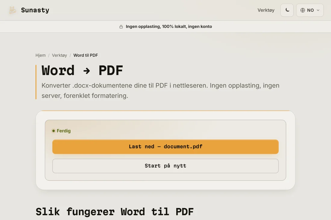 Den konverterte PDF-en klar til nedlasting, med filnavnet vist