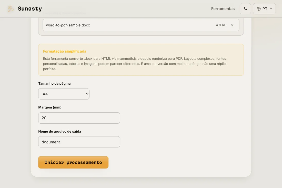 A ferramenta de Word para PDF com um .docx carregado, mostrando as opções de tamanho da página, margem e nome de saída