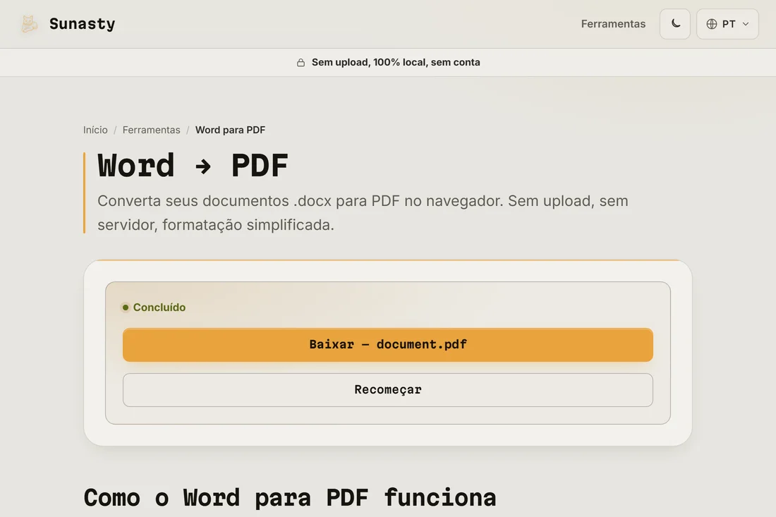 O PDF convertido pronto para download, com o nome do arquivo exibido