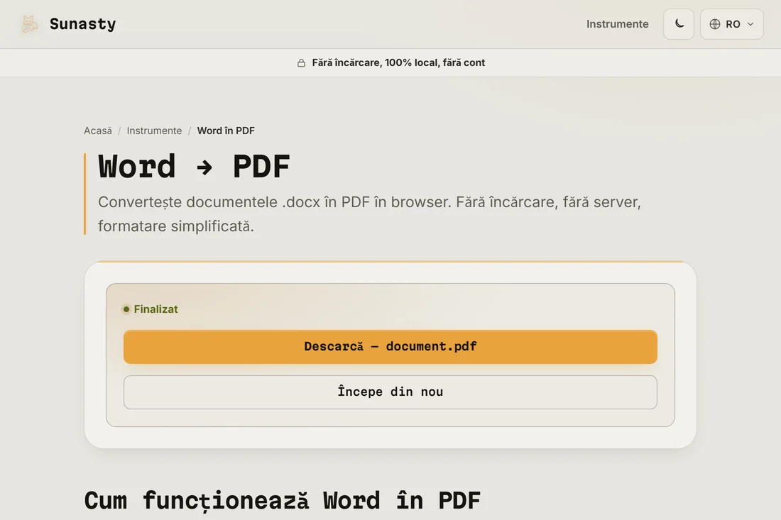 PDF-ul convertit gata de descărcare, cu numele fișierului afișat
