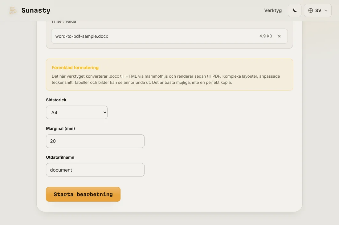 Verktyget Word till PDF med en .docx inläst, som visar alternativen för sidstorlek, marginal och utdatanamn