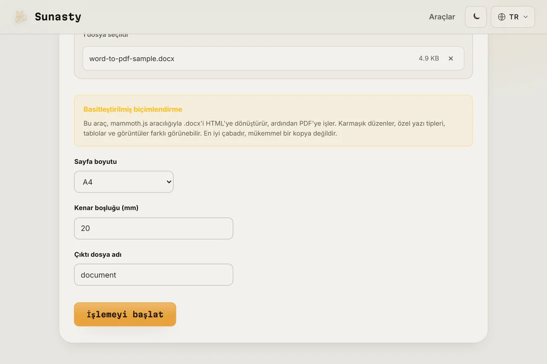 Sayfa boyutu, kenar boşluğu ve çıktı adı seçeneklerini gösteren, bir .docx yüklenmiş Word'den PDF'e aracı