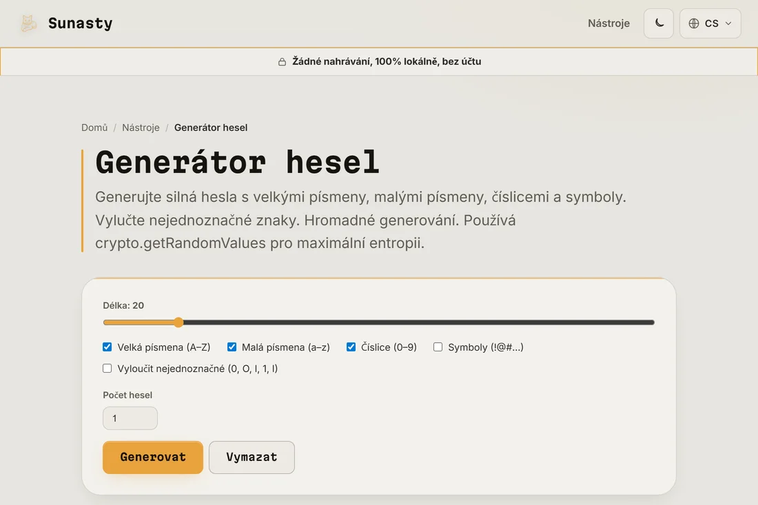 Generátor hesel s délkou nastavenou na 20 a všemi povolenými třídami znaků