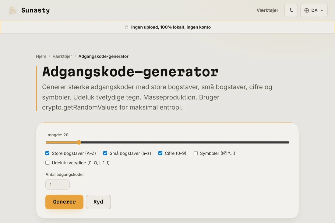 Adgangskodegeneratoren med længden sat til 20 og alle tegnklasser aktiveret
