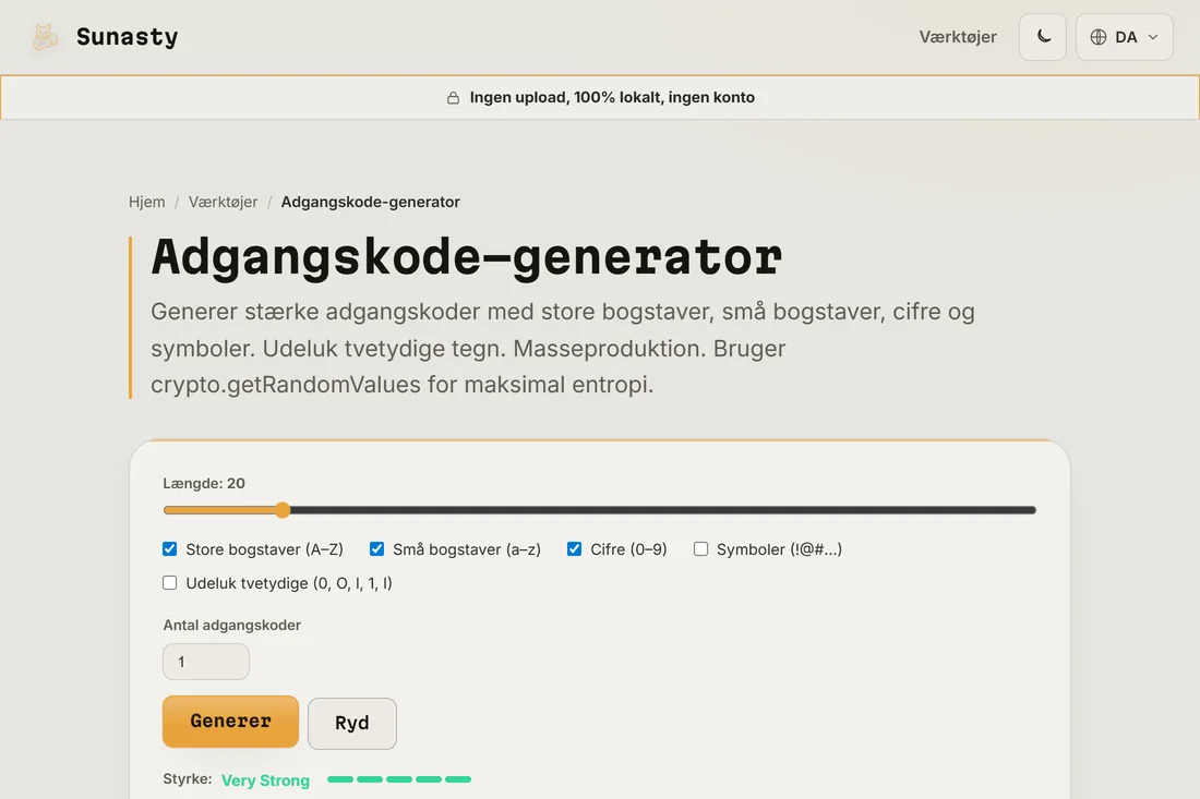 En genereret adgangskode på 20 tegn med styrkeindikator, der viser Meget stærk