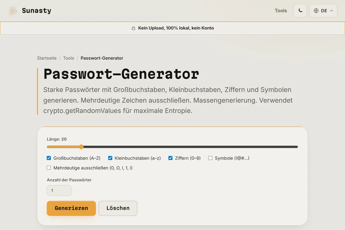 Der Passwort-Generator mit auf 20 gesetzter Länge und allen aktivierten Zeichenklassen