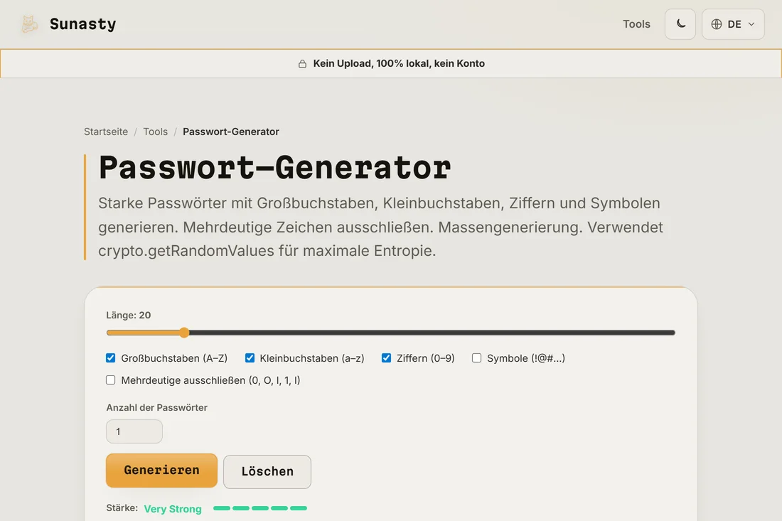 Ein generiertes Passwort mit 20 Zeichen, dessen Stärkeanzeige Sehr stark zeigt