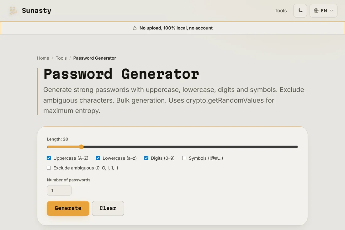 The password generator with length set to 20 and all character classes enabled