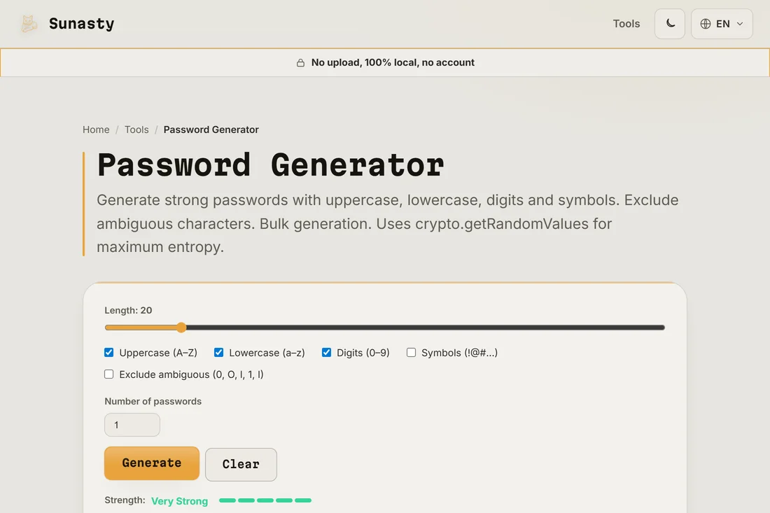 A generated 20-character password with strength indicator showing Very Strong